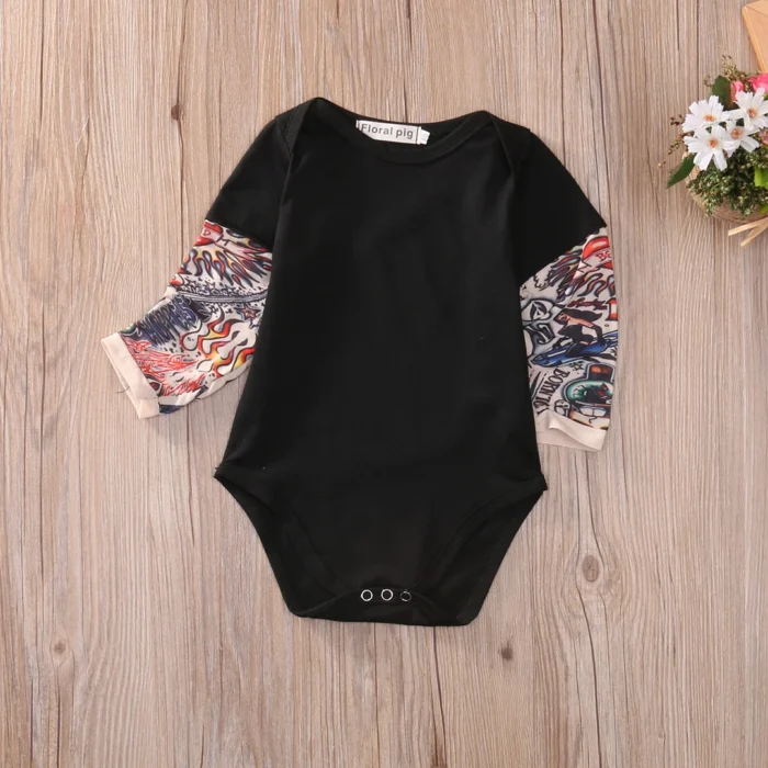 Baby Bodysuit Boys Girls Tattoo Printed Patchwork Jumpsuit - Image 3