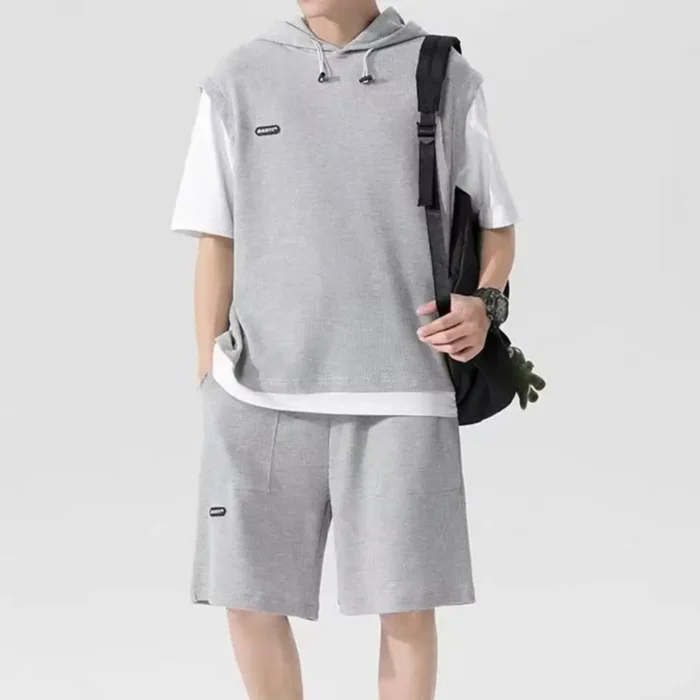 Fake Two Pieces Outfit Men's Casual Sport Outfit Set with Hooded - Image 4