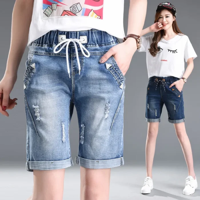 Summer Cuffs Ripped Jeans Woman Elastic Waist Lace - Image 3