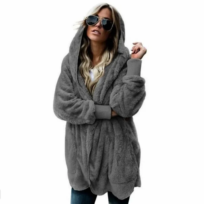 Autumn Winter Double Fleece Cardigan Jacket Women Solid Color Long Sleeve - Image 5