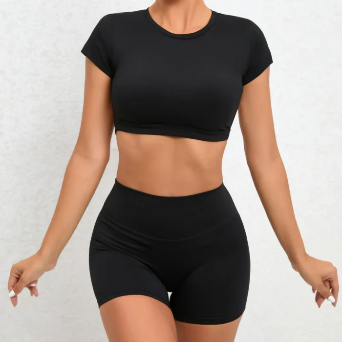 2 Pieces Sports Suit Gym Outfit Set Women Sexy Beauty Back Short Sleeve Crop - Image 2