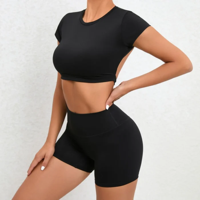 2 Pieces Sports Suit Gym Outfit Set Women Sexy Beauty Back Short Sleeve Crop - Image 3