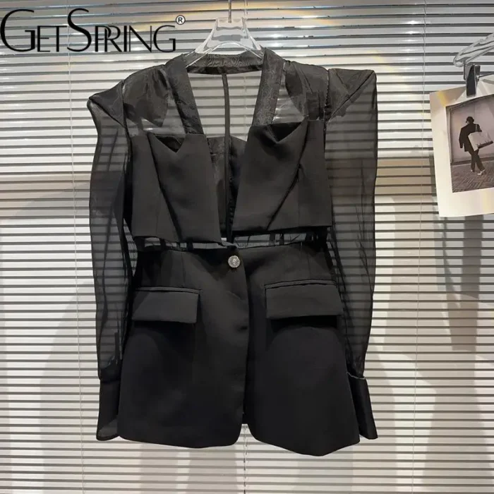 Yuerwang Women Blazer Single Button Elegant Mesh Stitching Shoulder