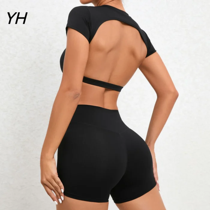 2 Pieces Sports Suit Gym Outfit Set Women Sexy Beauty Back Short Sleeve Crop