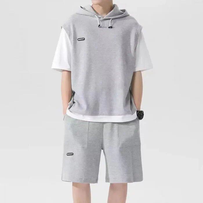 Fake Two Pieces Outfit Men's Casual Sport Outfit Set with Hooded - Image 6