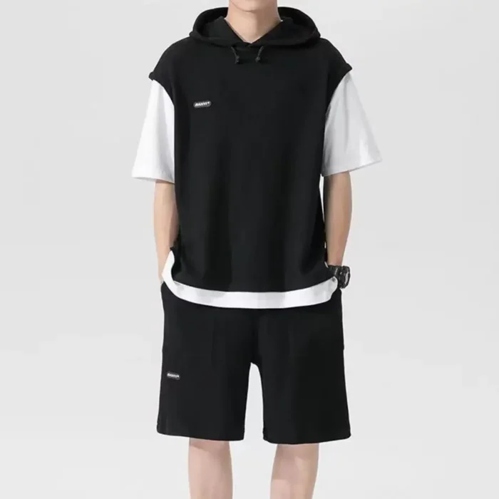 Fake Two Pieces Outfit Men's Casual Sport Outfit Set with Hooded - Image 2