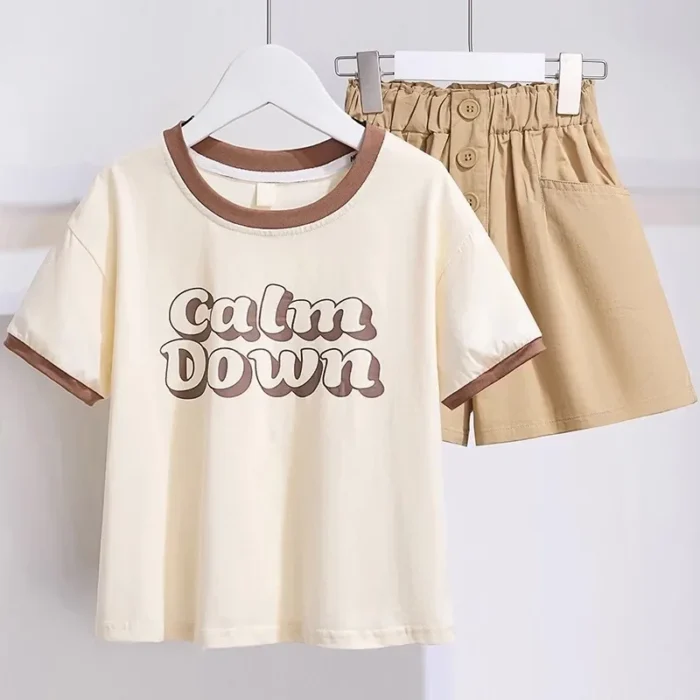 Summer Teenage Girls Clothes Set Children Letter Tshirts and Shorts - Image 2