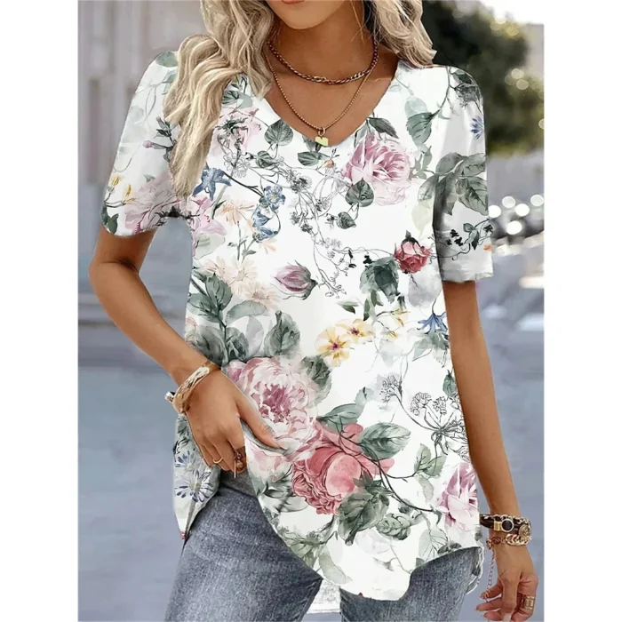 New Women's T-Shirt Summer V-Neck Tee Loose Casual - Image 4